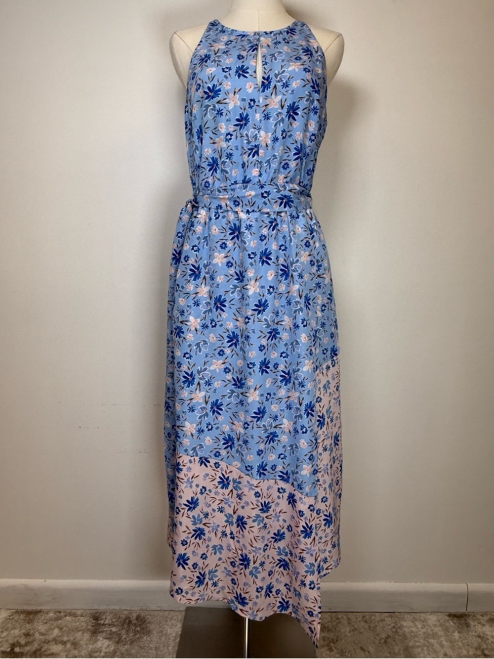 Vince Camuto Pink Blue Floral Print Halter Neck Midi Dress Pockets Women’s 10